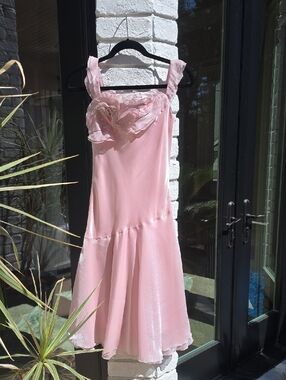 Pink Floral Applique Midi Dress with Wide Straps